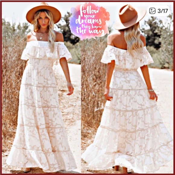 Anthropologie Champagne & Strawberry Maxi Tier Dress Cream Boho Lace Small - Picture 1 of 15
